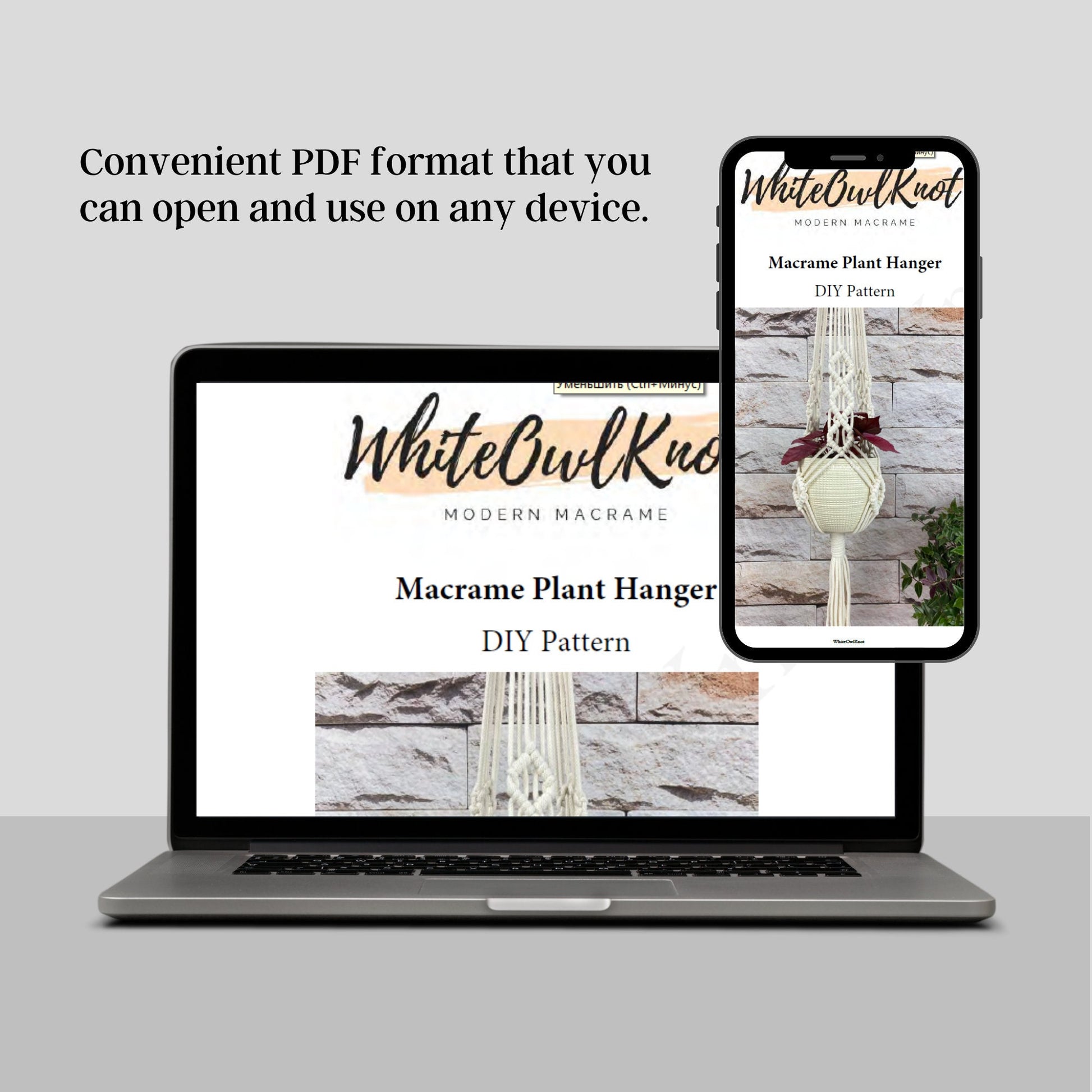 Laptop and smartphone displaying a Macrame Plant Hanger DIY pattern from WhiteOwlKnot on a light gray background.