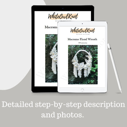 Two tablets displaying a WhiteOwlKnot macrame floral wreath tutorial on a gray background.