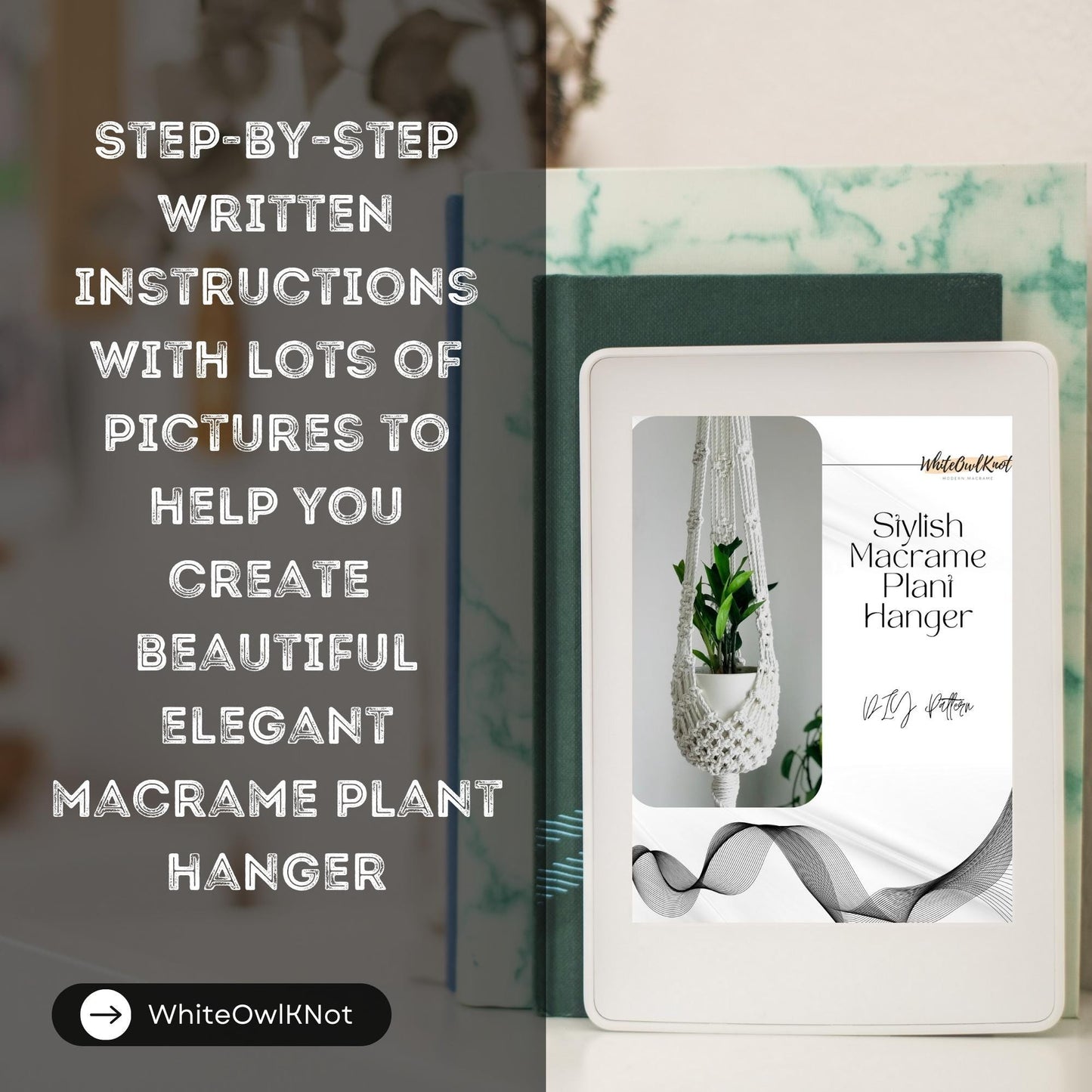 White box with a macrame plant hanger design on a blurred background