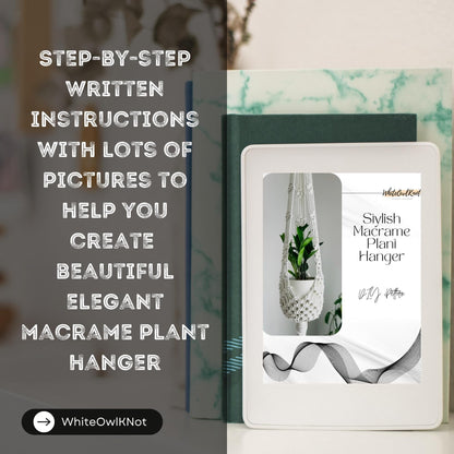 White box with a macrame plant hanger design on a blurred background