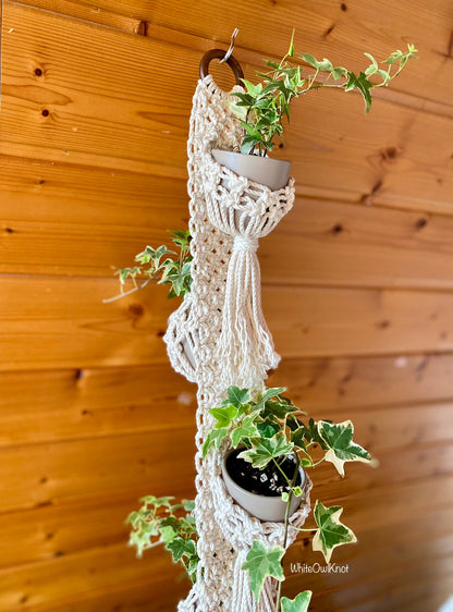 Macrame plant hanger with potted plants against a wooden wall.