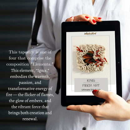Person holding a tablet displaying fiber art with descriptive text about 'Ignis' element.