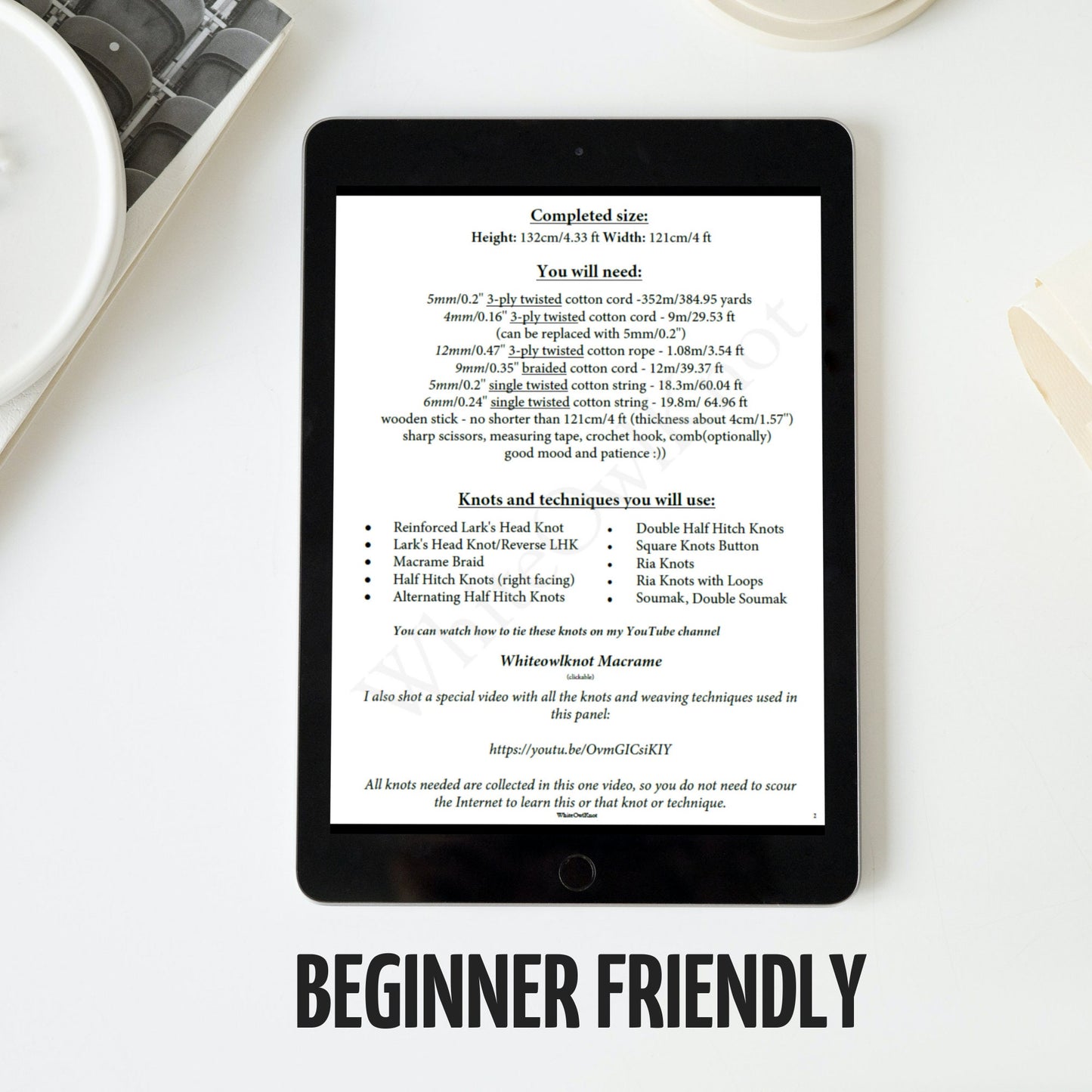 Tablet displaying a text document with 'Beginner Friendly' text on a white surface.