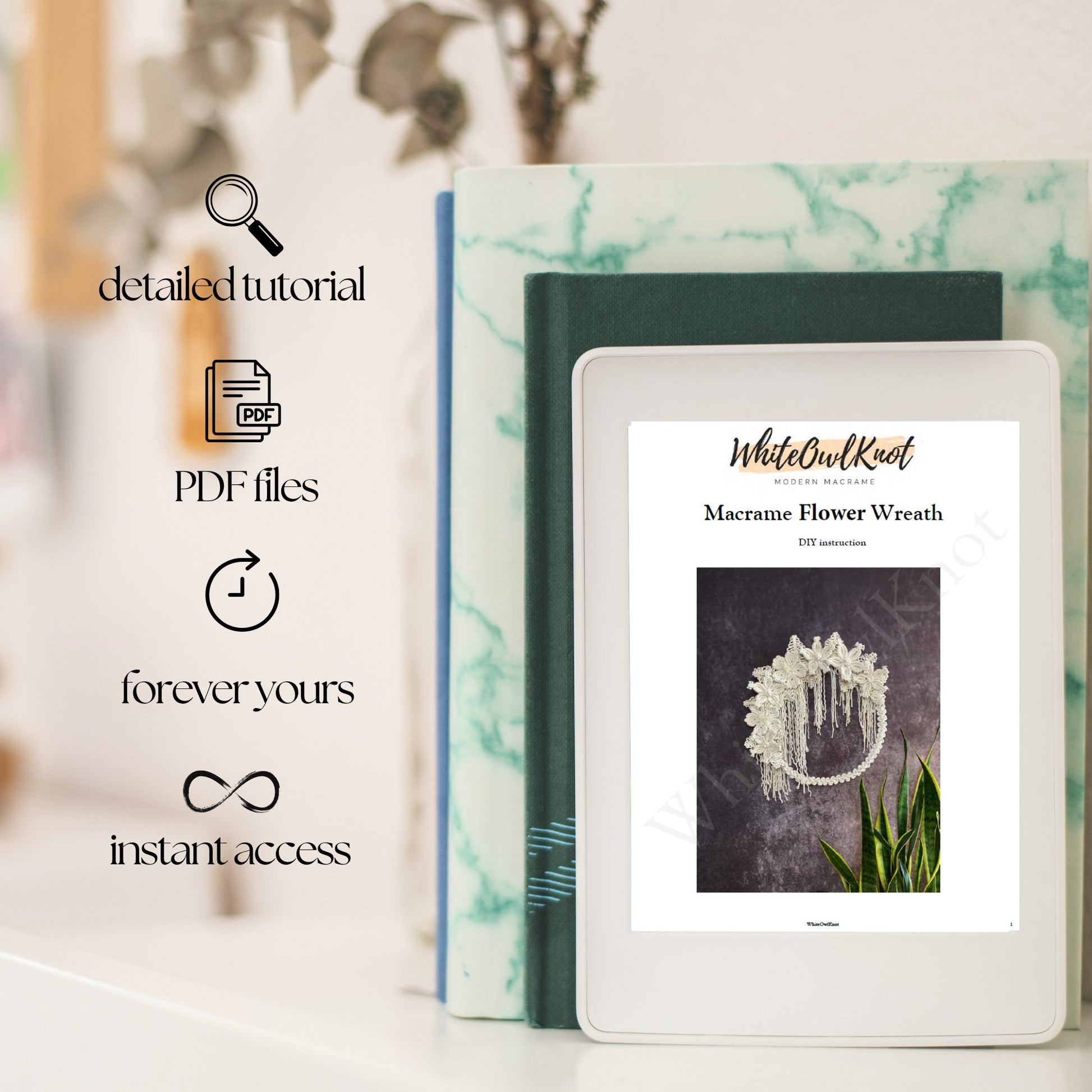 Digital product with e-book and PDF files on a blurred background