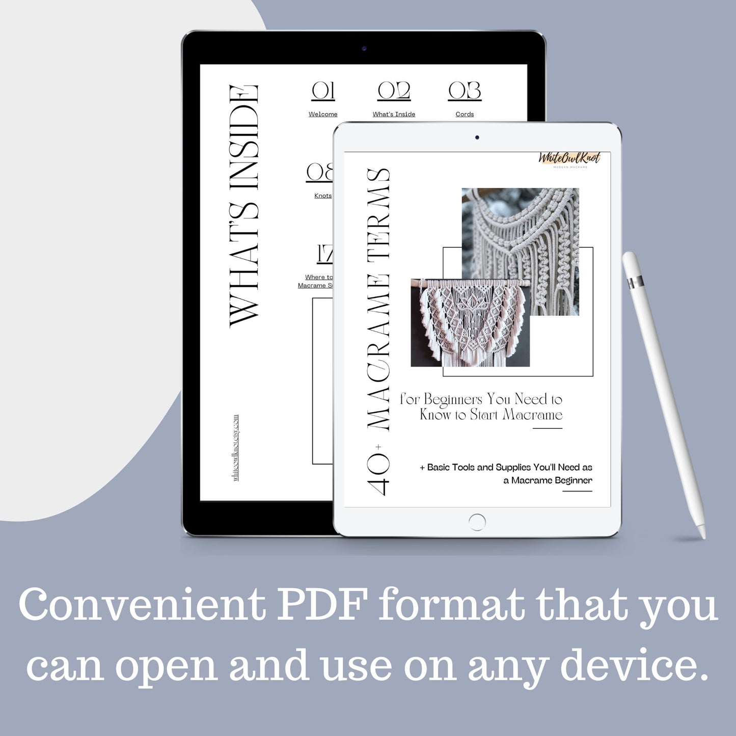 Digital device displaying a PDF with macrame terms and tools information on a light gray background.