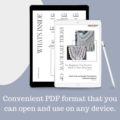 Digital device displaying a PDF with macrame terms and tools information on a light gray background.