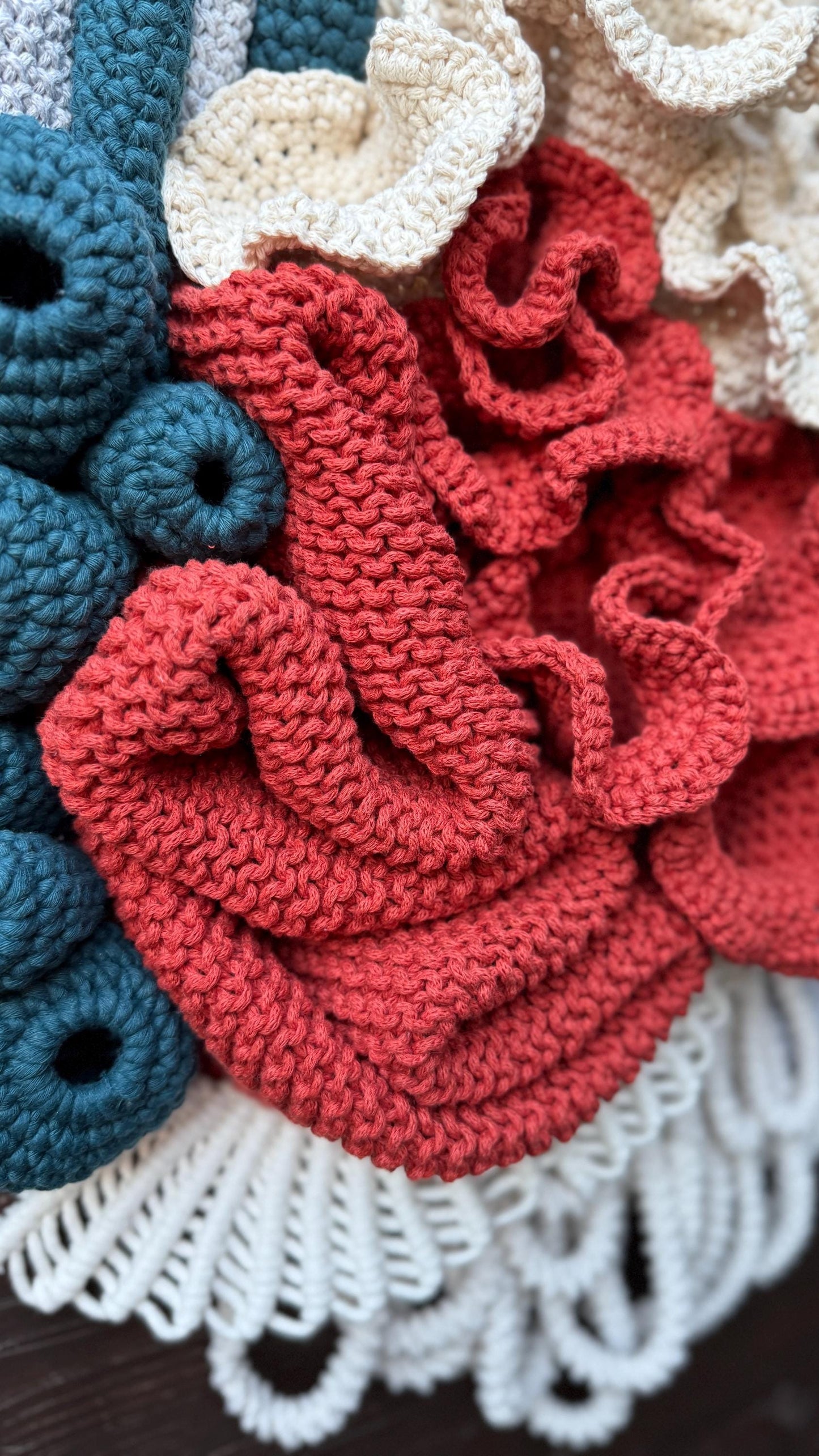 Coral Reef fiber art tapestry details in red, blue and white
