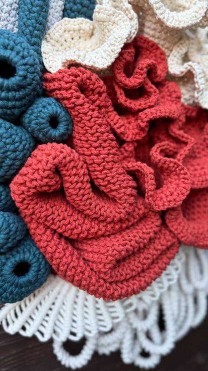 Coral Reef fiber art tapestry details in red, blue and white