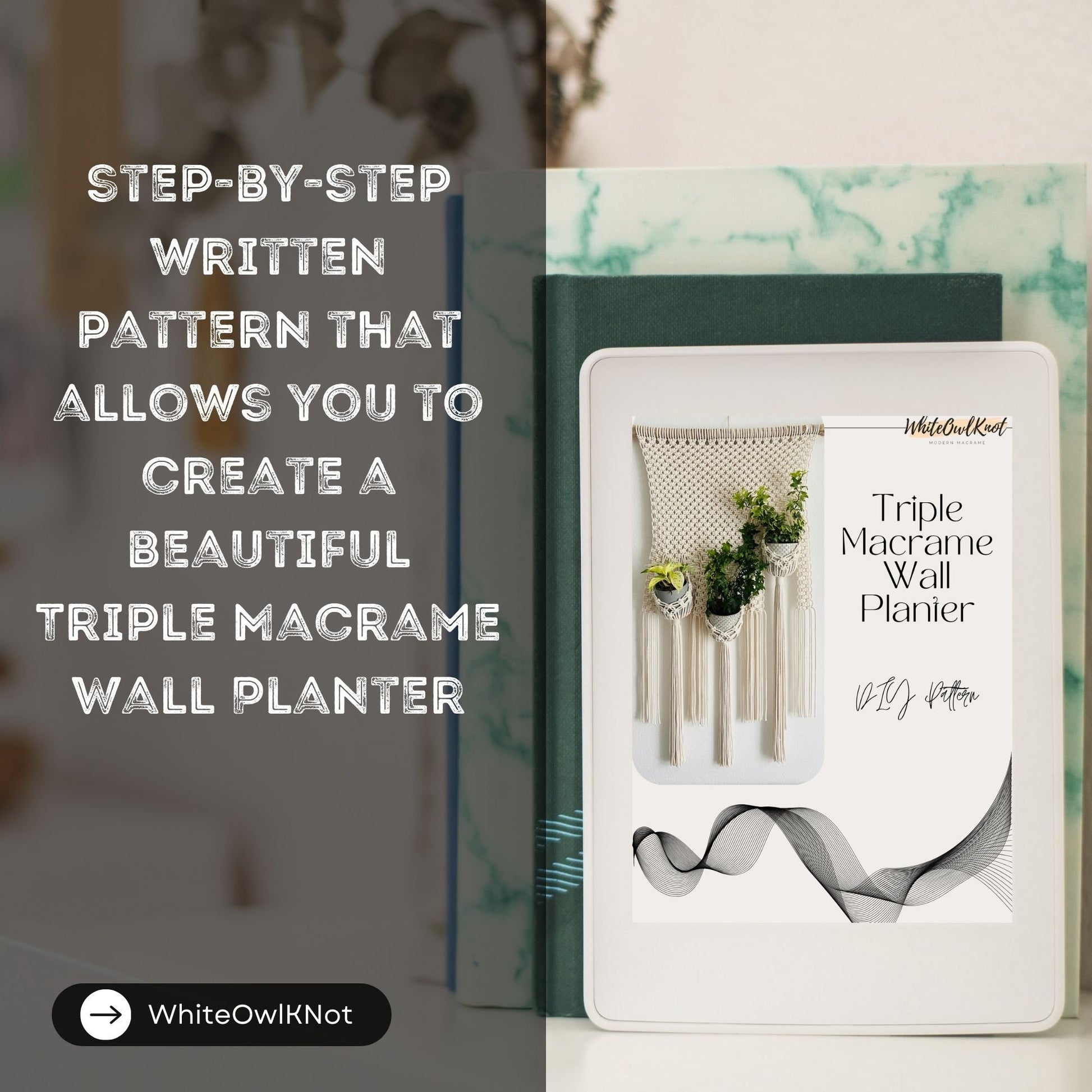 Triple Macrame Wall Planter kit with packaging and text overlay