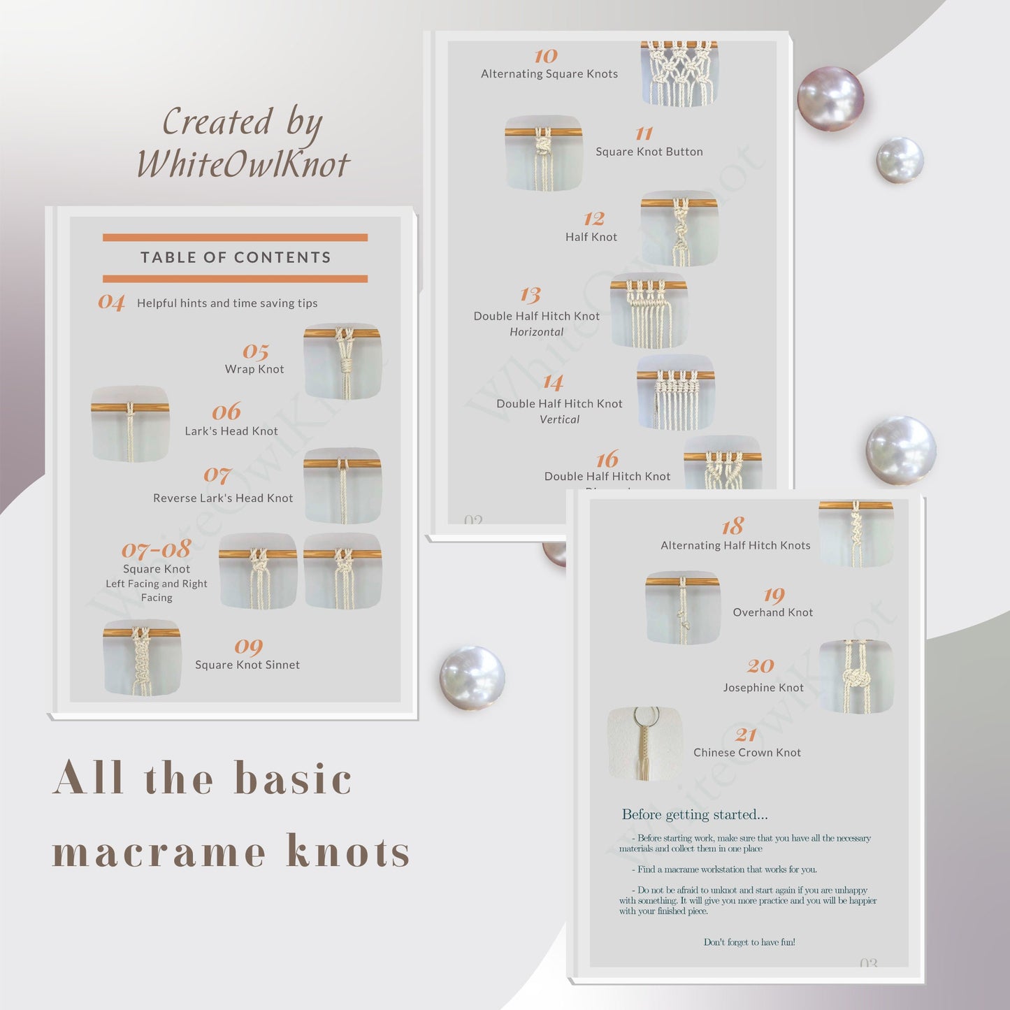 Set of macrame knotting tools with a table of contents on a light gray background.