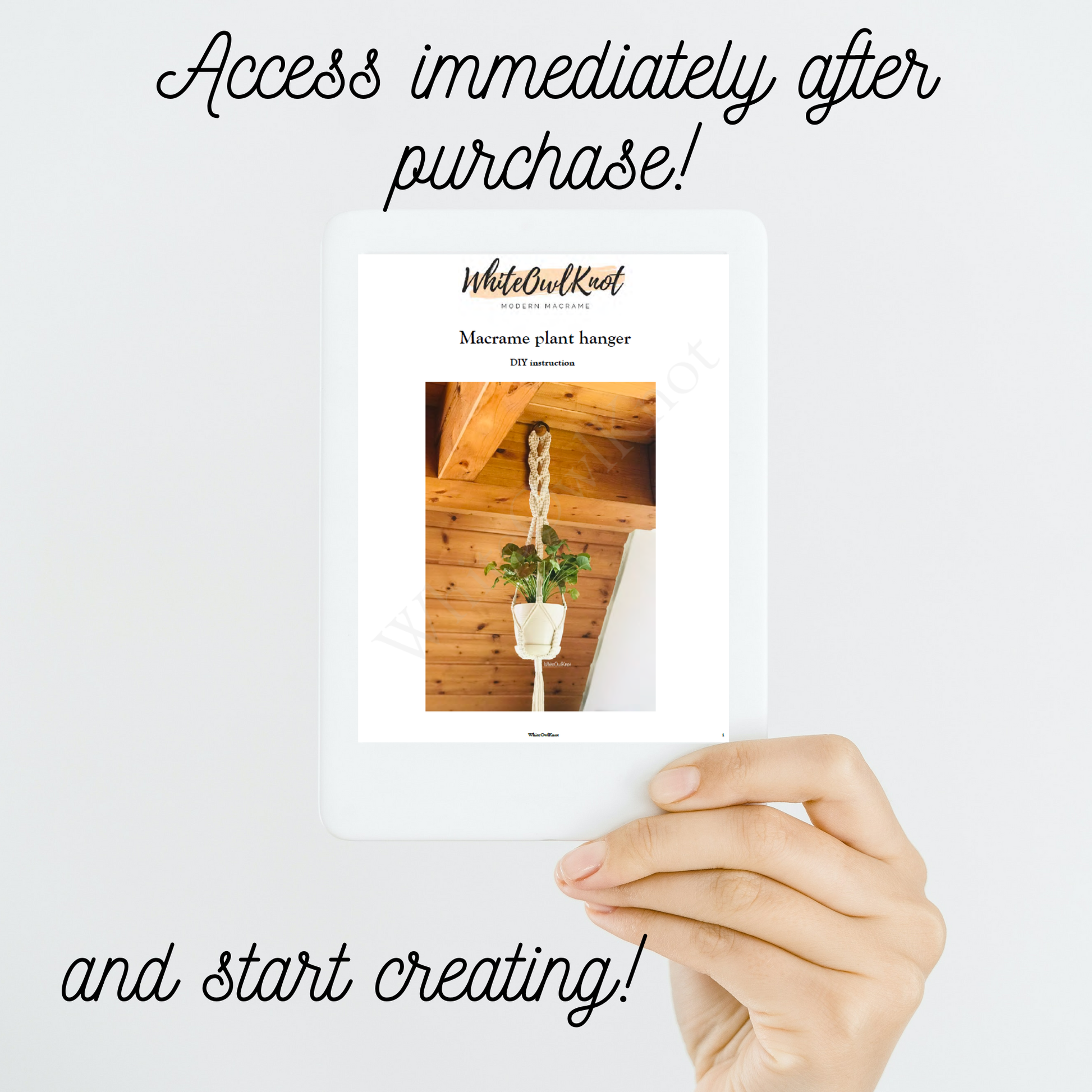 Hand holding a product packaging with text 'Access immediately after purchase! and start creating!' on a white background.