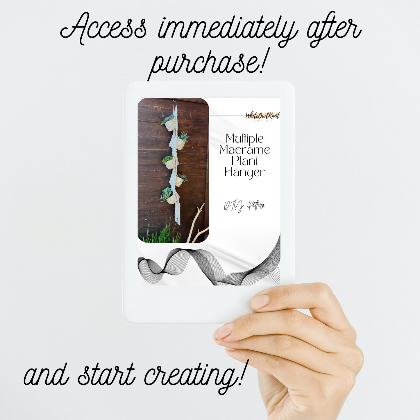 Product packaging with a hand holding it, featuring text about immediate access after purchase.