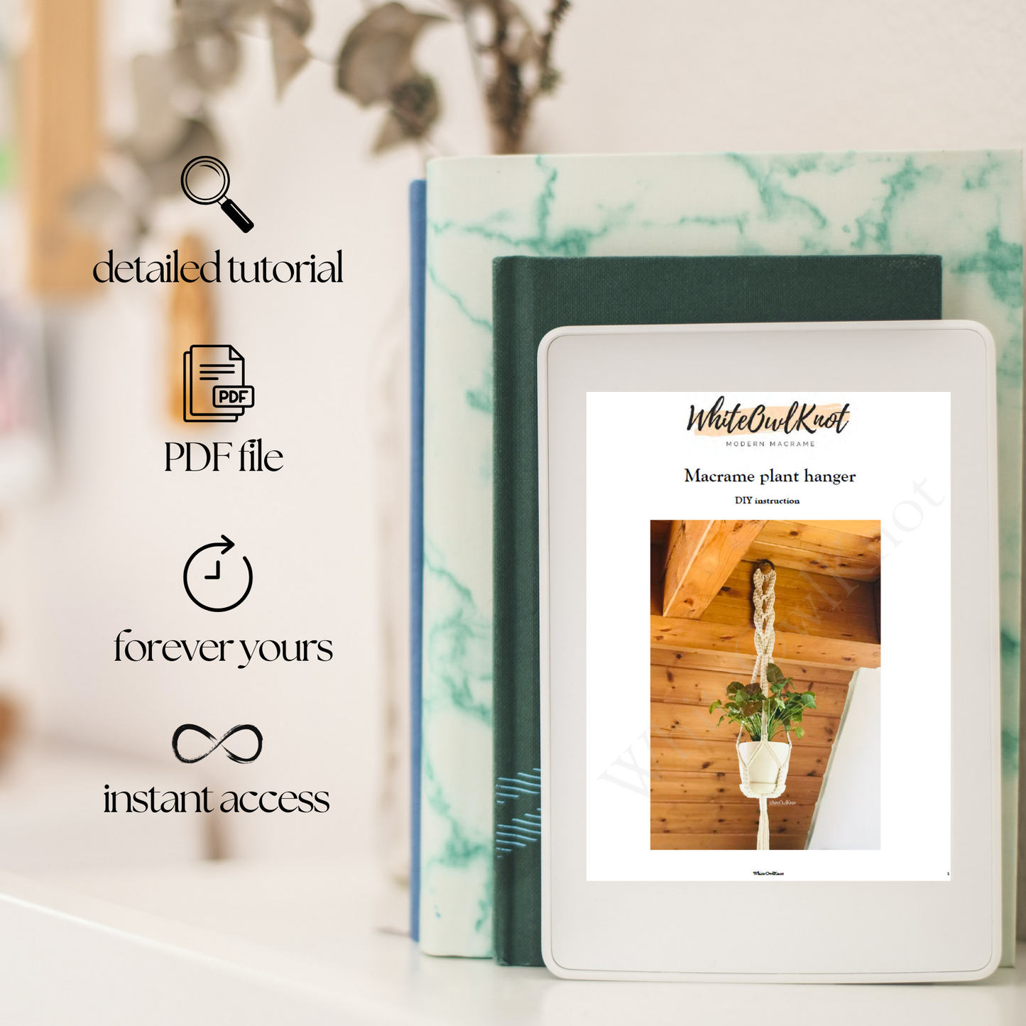 Digital product with a PDF file icon, text 'detailed tutorial', 'forever yours', and 'instant access' on a blurred background.
