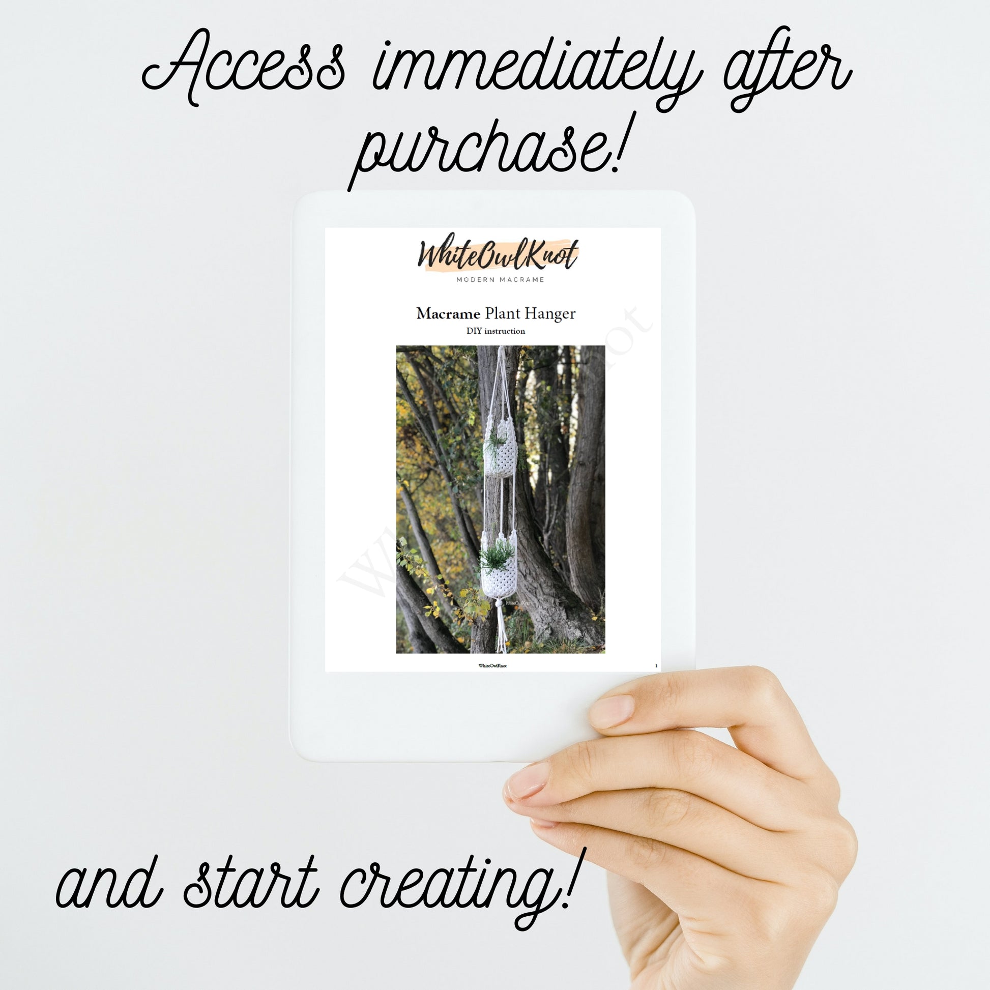 Hand holding a package labeled 'White Owl Knot' with text about accessing content after purchase.