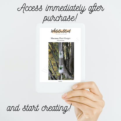 Hand holding a package labeled 'White Owl Knot' with text about accessing content after purchase.