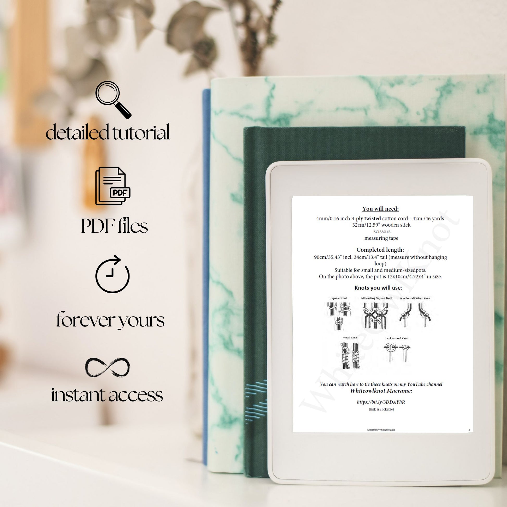 E-reader with digital instructions on a marble surface, with text overlay about tutorials and PDF files.