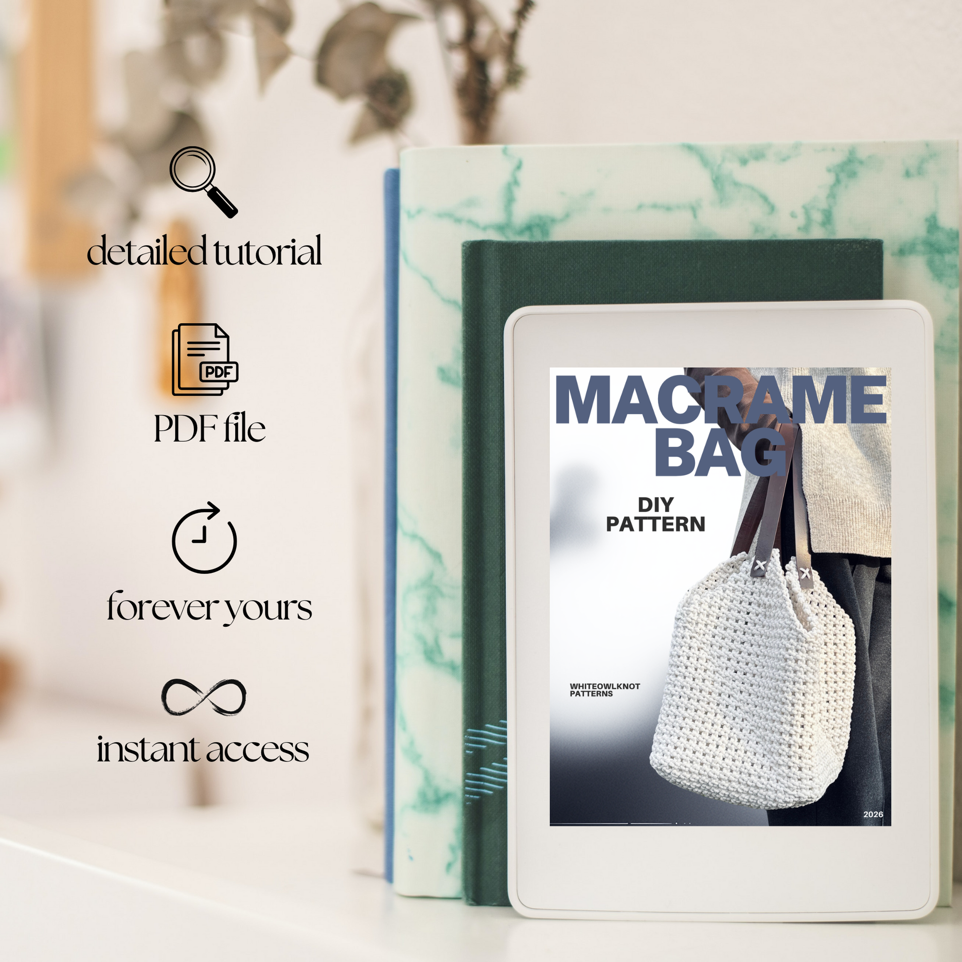 E-book cover for 'Macrame Bag' DIY pattern with a white bag on a blurred background