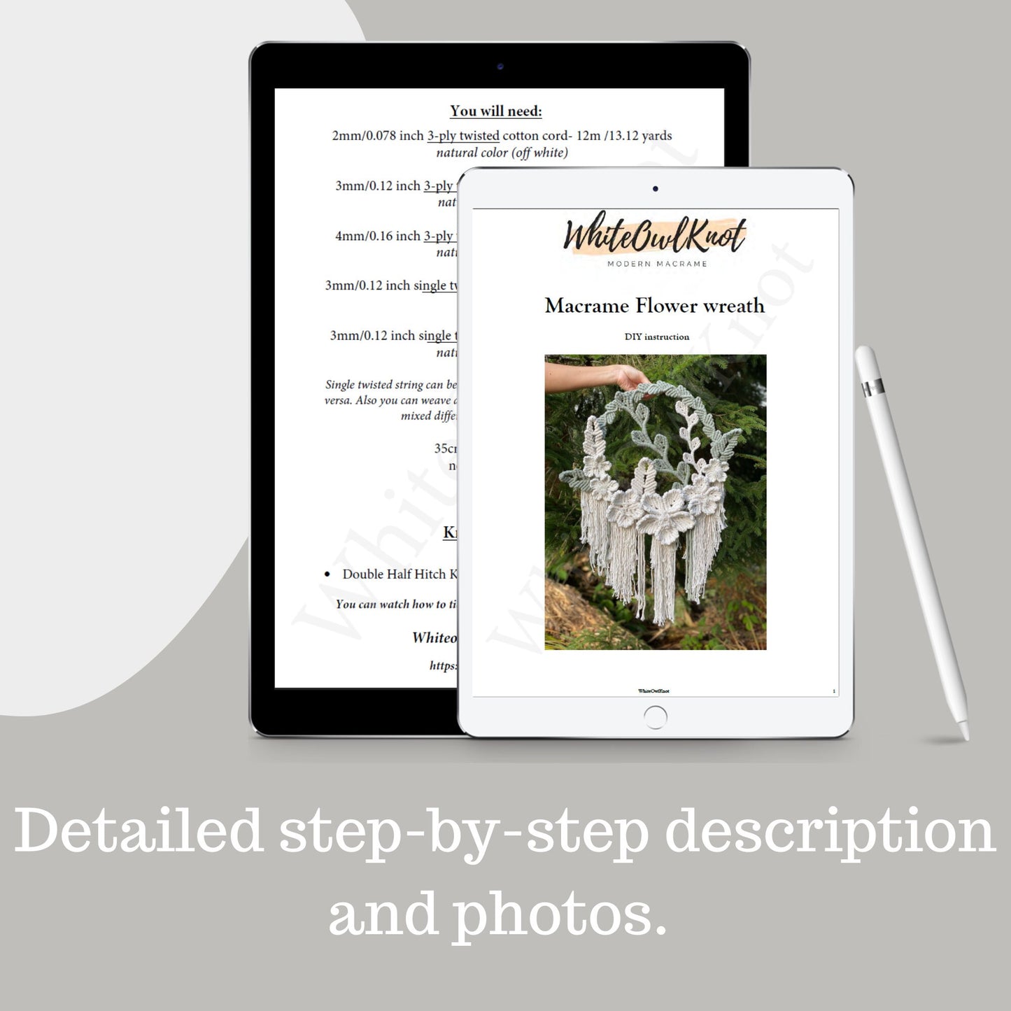 Two tablets displaying a Macrame flower wreath tutorial with text and images on a gray background.