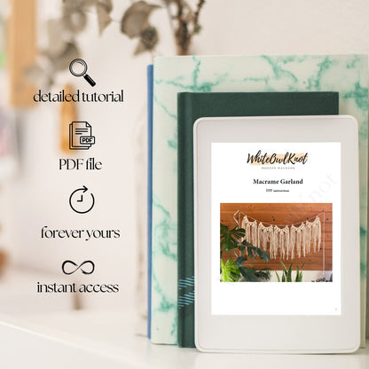 Digital download product with a PDF file icon, text 'detailed tutorial', 'forever yours', and 'instant access' on a blurred background.