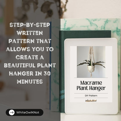 Macrame plant hanger DIY pattern book with text overlay on a blurred background