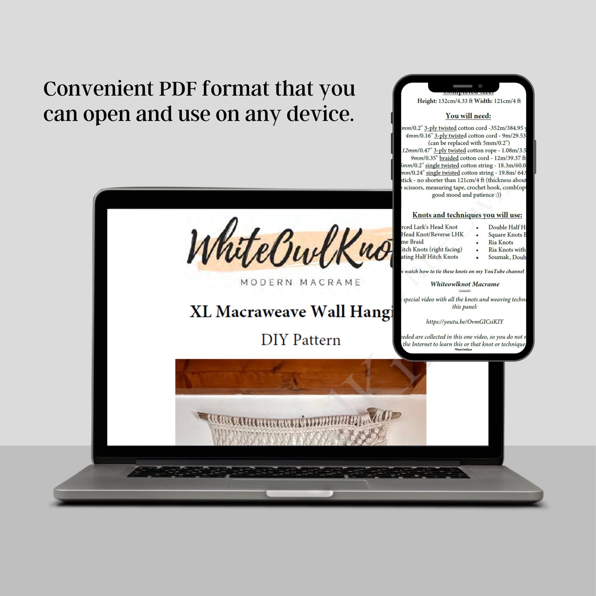 Laptop and smartphone displaying a DIY pattern for a macrame wall hang on a white background