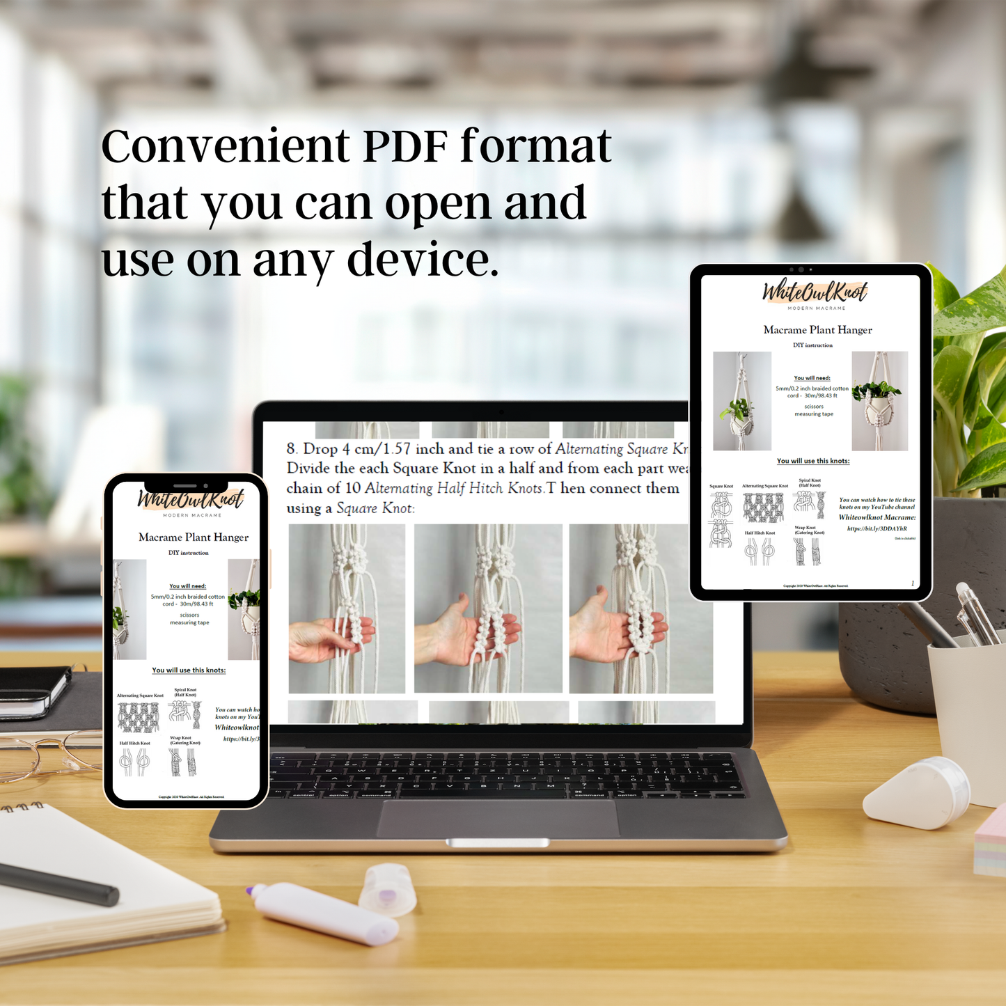 Laptop, tablet, and smartphone displaying a PDF on a desk with text 'Convenient PDF format that you can open and use on any device.'.