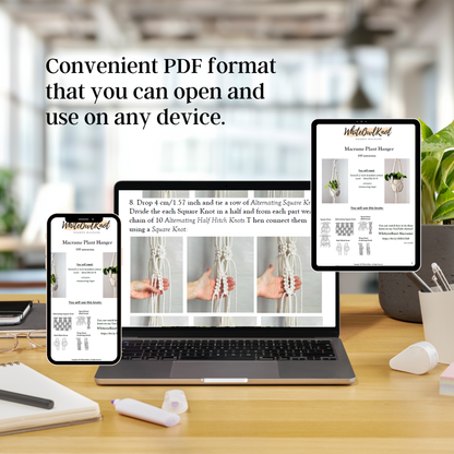 Laptop, tablet, and smartphone displaying a PDF on a desk with text 'Convenient PDF format that you can open and use on any device.'.