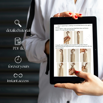 Person holding a tablet displaying a tutorial with text and images on a blurred background