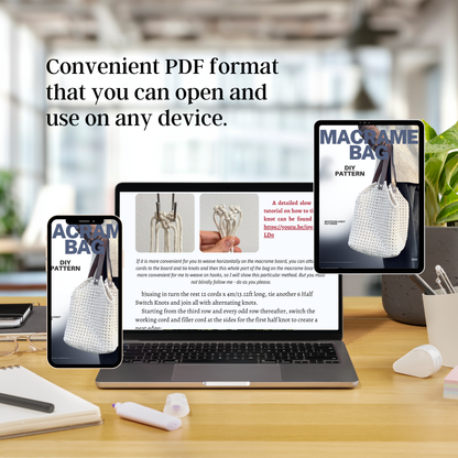 Laptop displaying a PDF of a macrame bag pattern with digital versions on tablets.