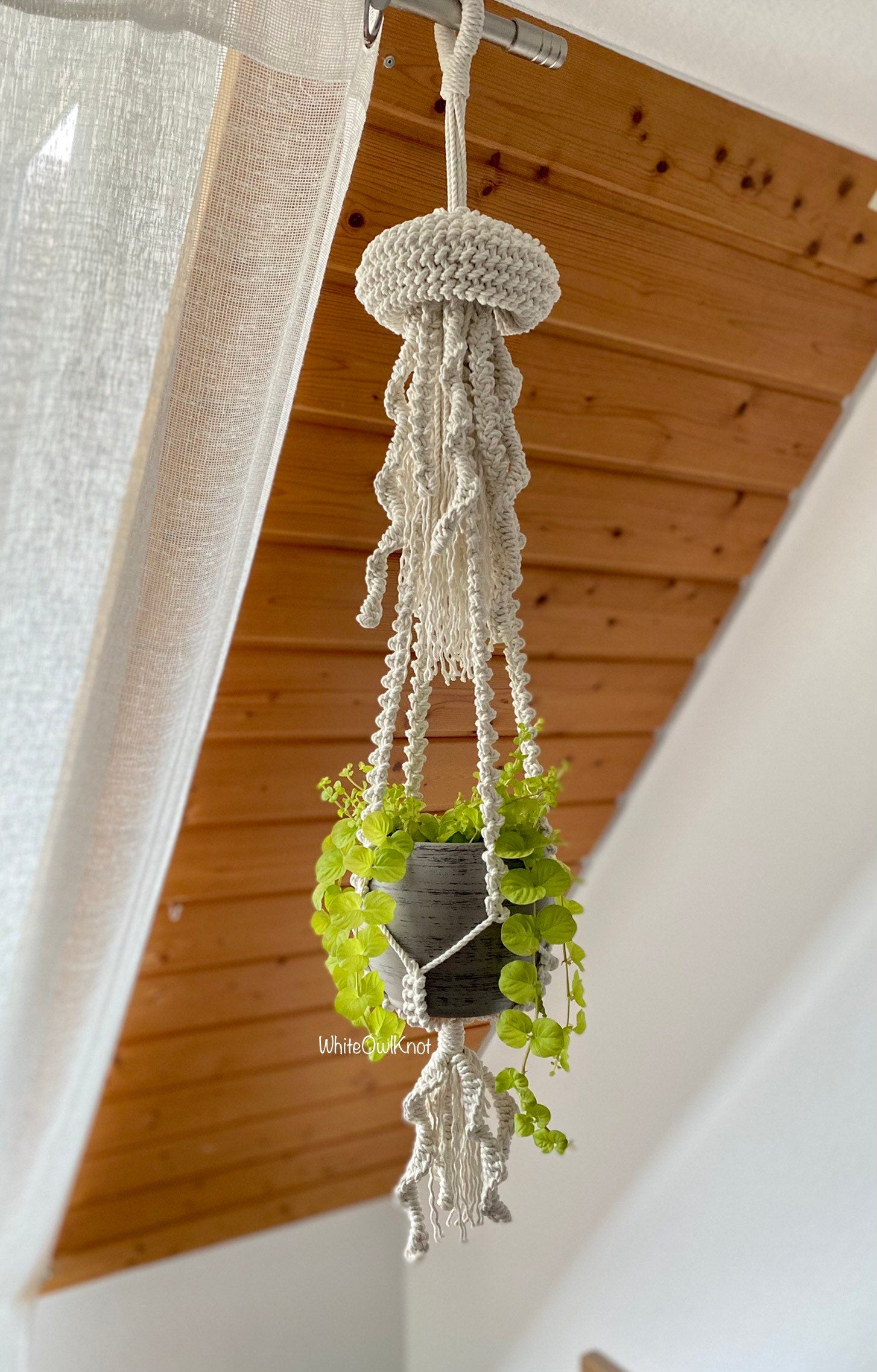 Macrame plant hanger with a pot of green plants hanging from a wooden ceiling.