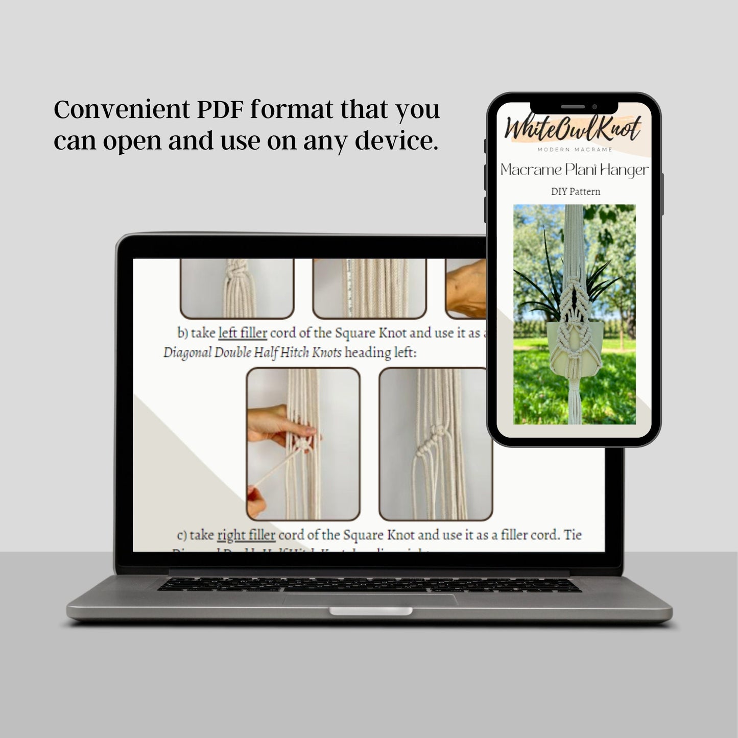 Laptop and smartphone displaying a PDF pattern for macrame plant hanger on a light gray background.