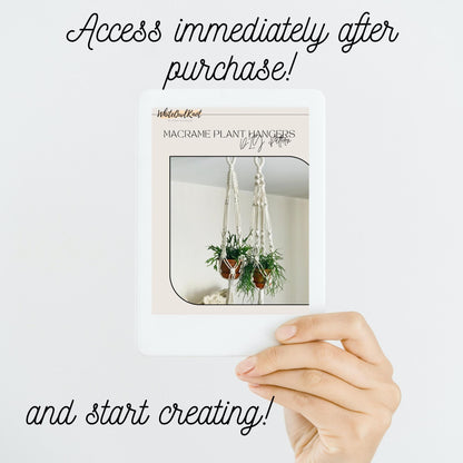 Hand holding a box of macrame plant hangers with text indicating instant access after purchase.