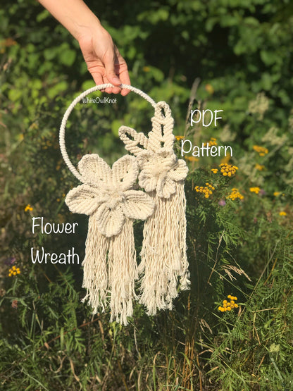 Handmade flower wreath held by a hand with a natural background