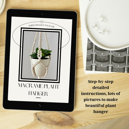 Tablet displaying a macrame plant hanger tutorial on a wooden surface
