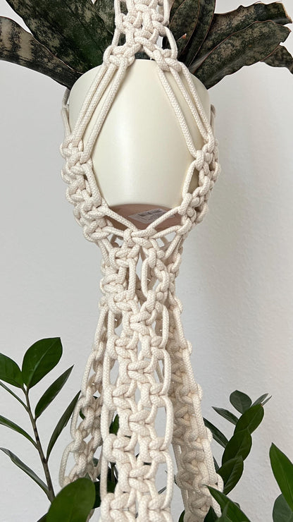 Macrame plant hanger with a white pot against a neutral background