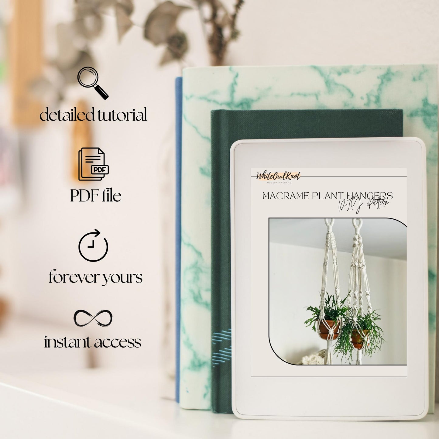 Product packaging with a digital download card featuring text and images of macrame plant hangers.