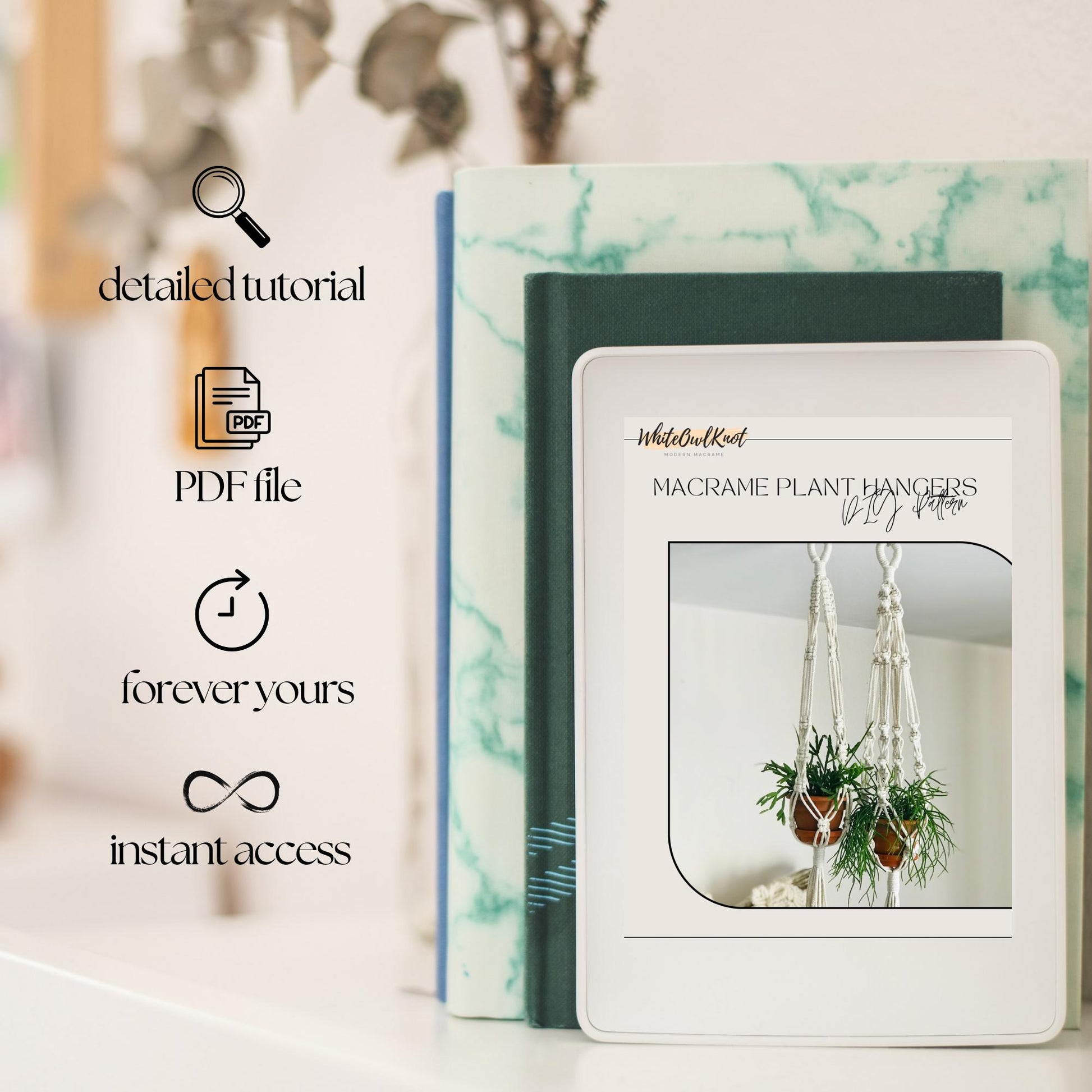 Product packaging with a digital download card featuring text and images of macrame plant hangers.