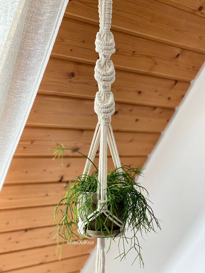 Macrame plant hanger with a plant against a wooden wall.
