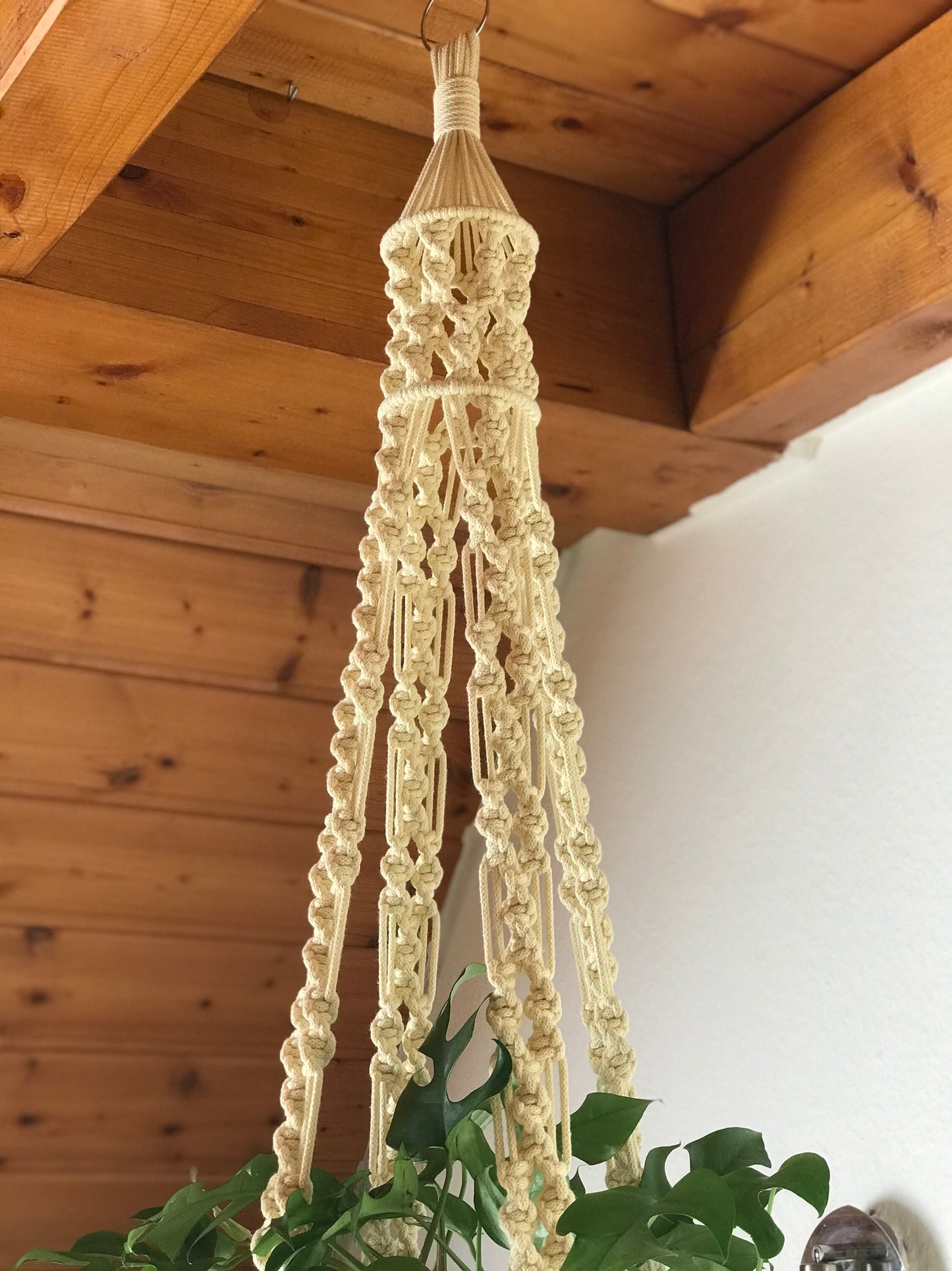 Macrame plant hanger hanging from a wooden ceiling with a plant below.