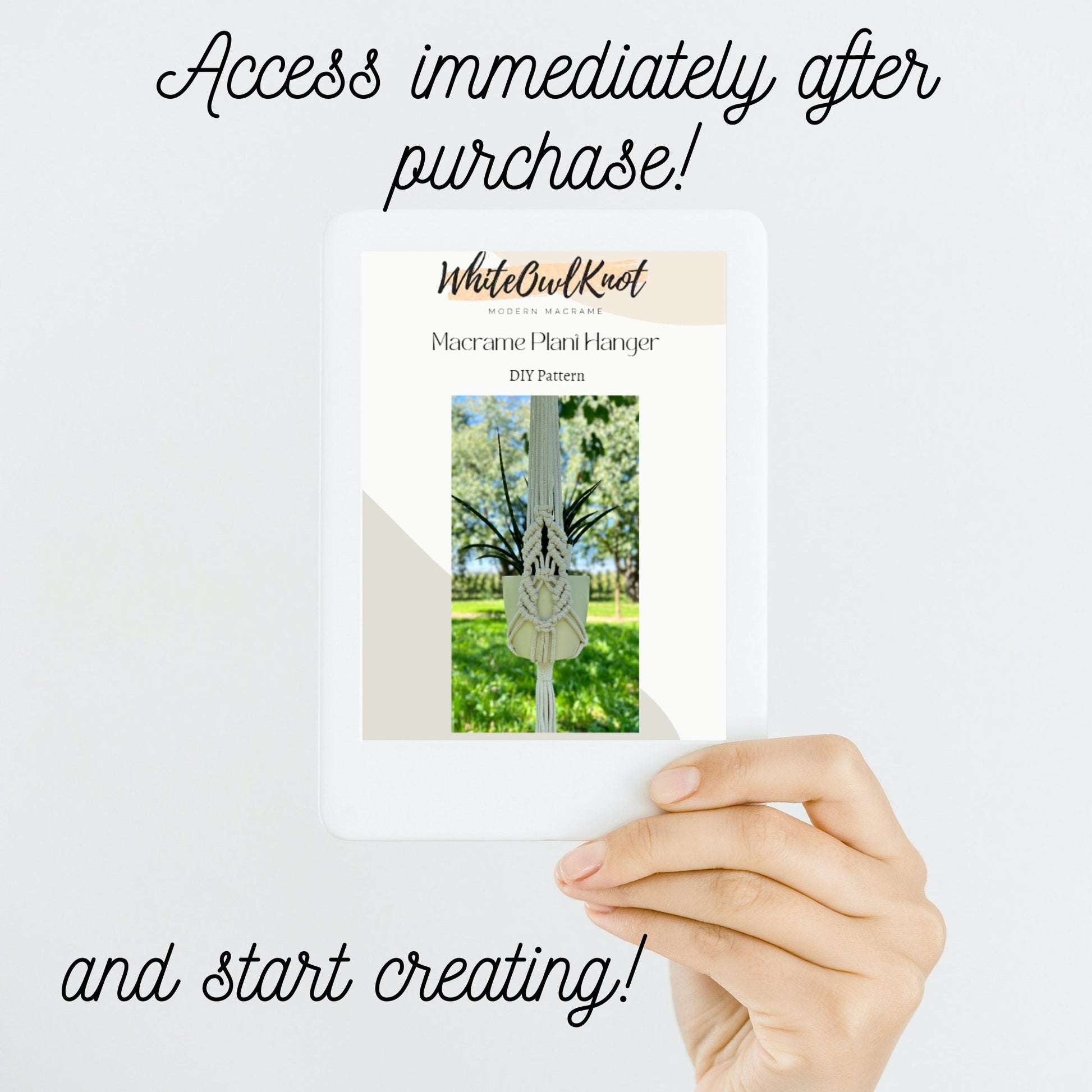 Hand holding a white card with a tree design, text about product availability after purchase.