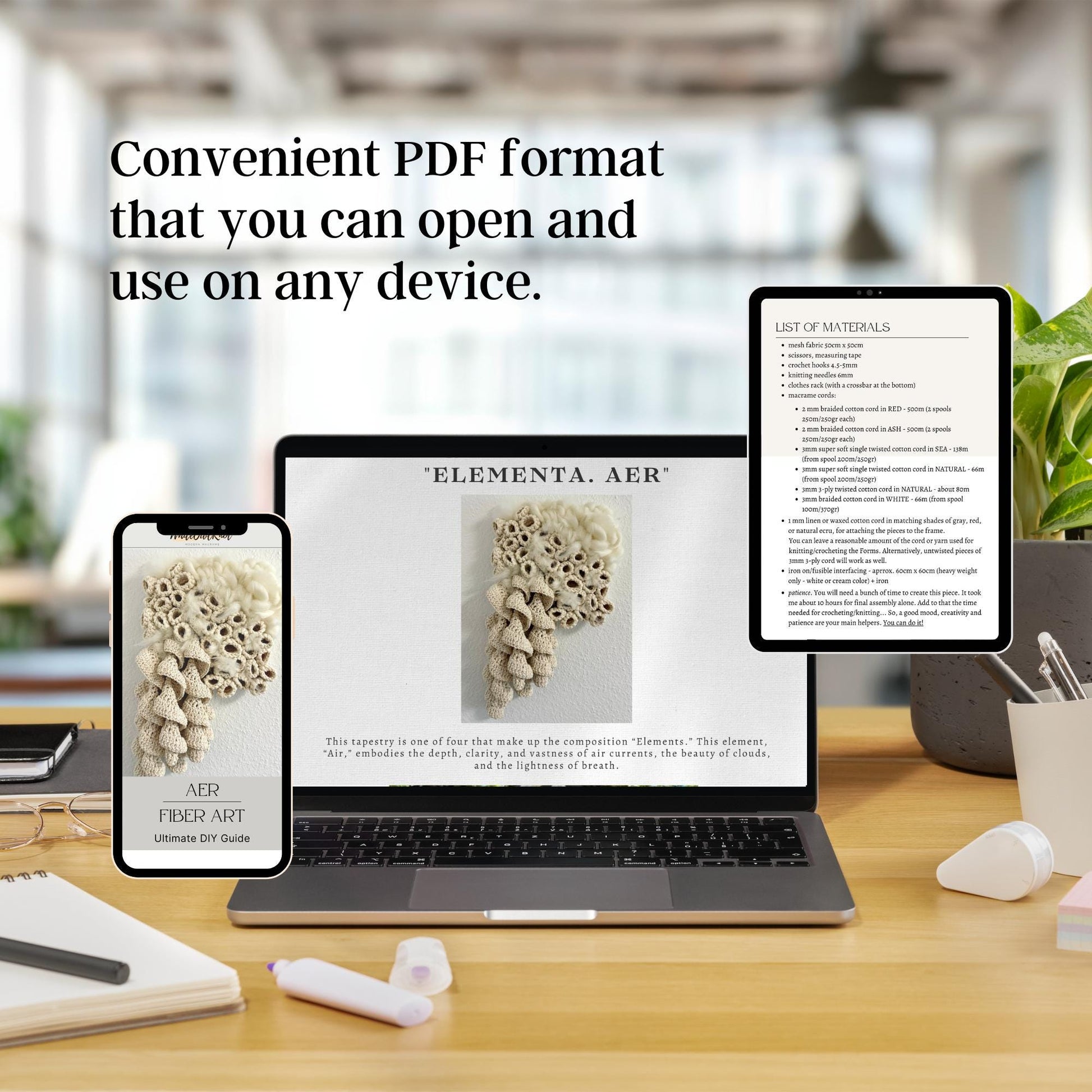 Laptop, tablet, and smartphone displaying a PDF on a desk with a blurred office background.