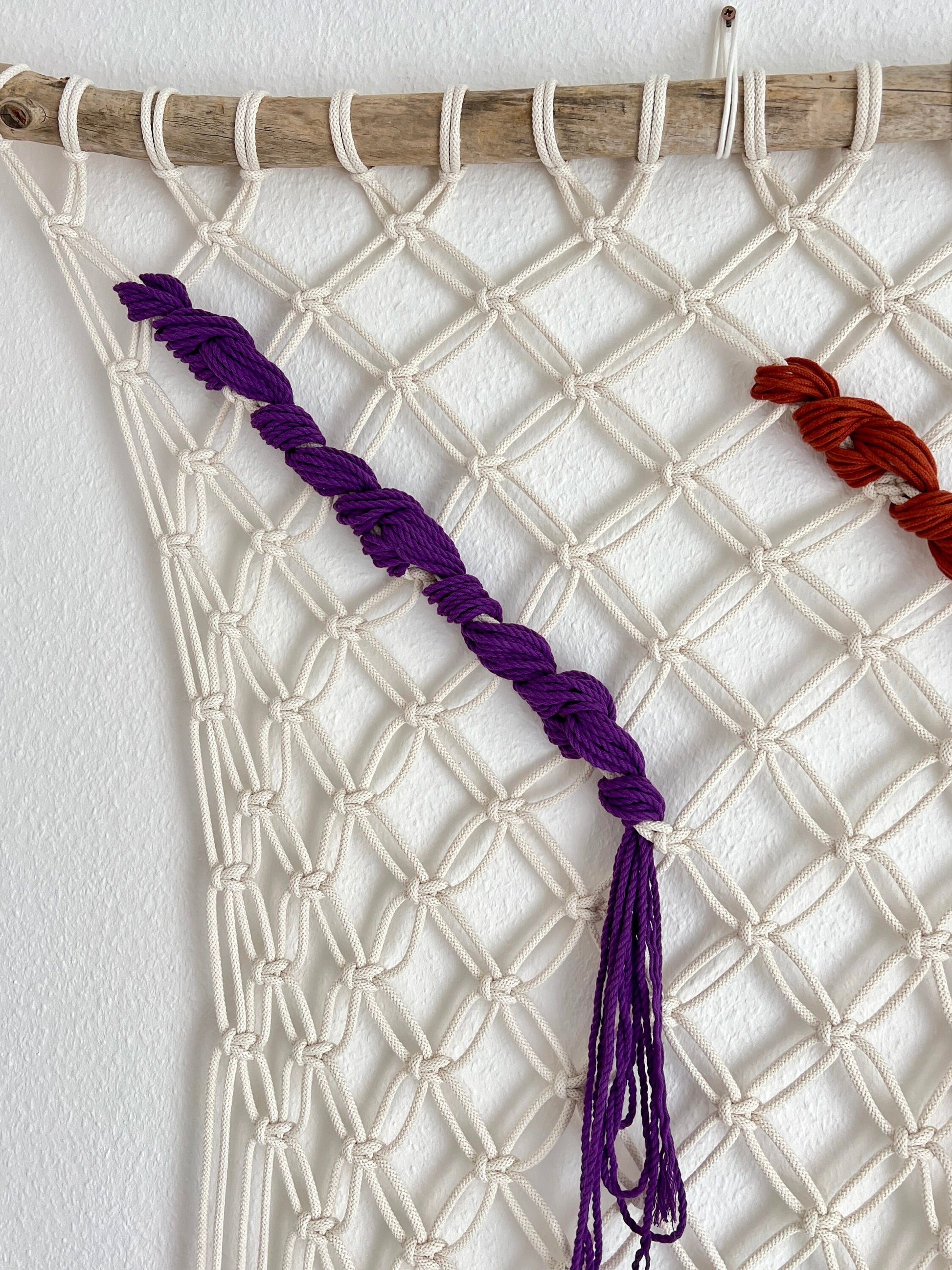 Macrame wall hanging with purple and red tassels on a white background