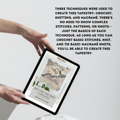 Person holding a tablet displaying a tapestry design with text about crochet, knitting, and macramé techniques.