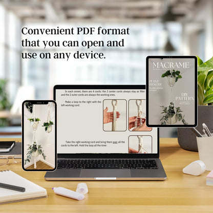 Laptop, tablet, and smartphone displaying a PDF on a desk with text about convenient PDF format.