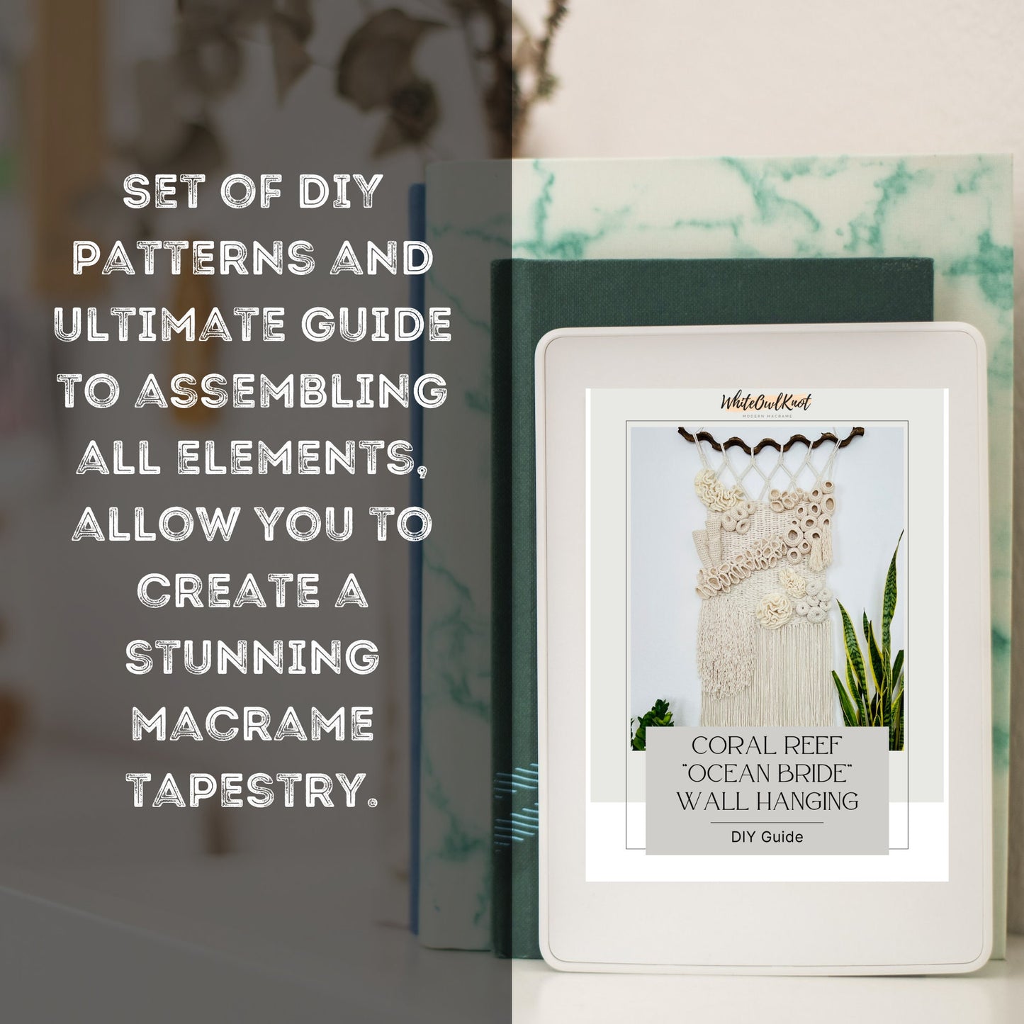 White electronic device displaying a macrame wall hanging design with text about DIY patterns and assembly guide.