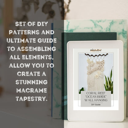 White electronic device displaying a macrame wall hanging design with text about DIY patterns and assembly guide.