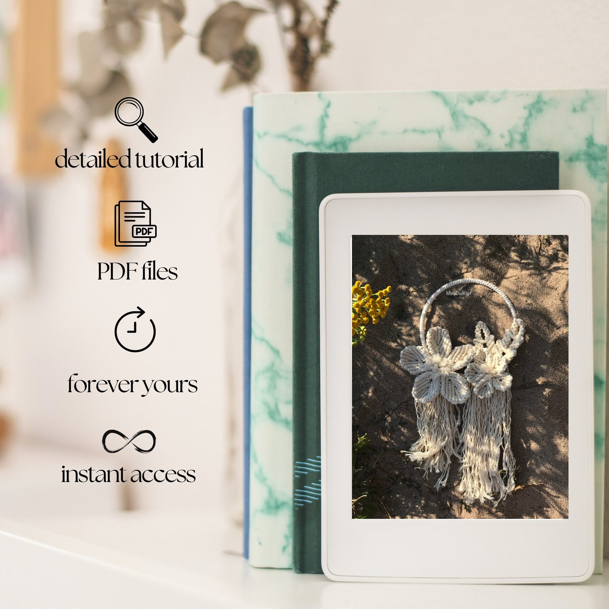 Digital product with an image of a decorative hanging and text about tutorials and PDF files.