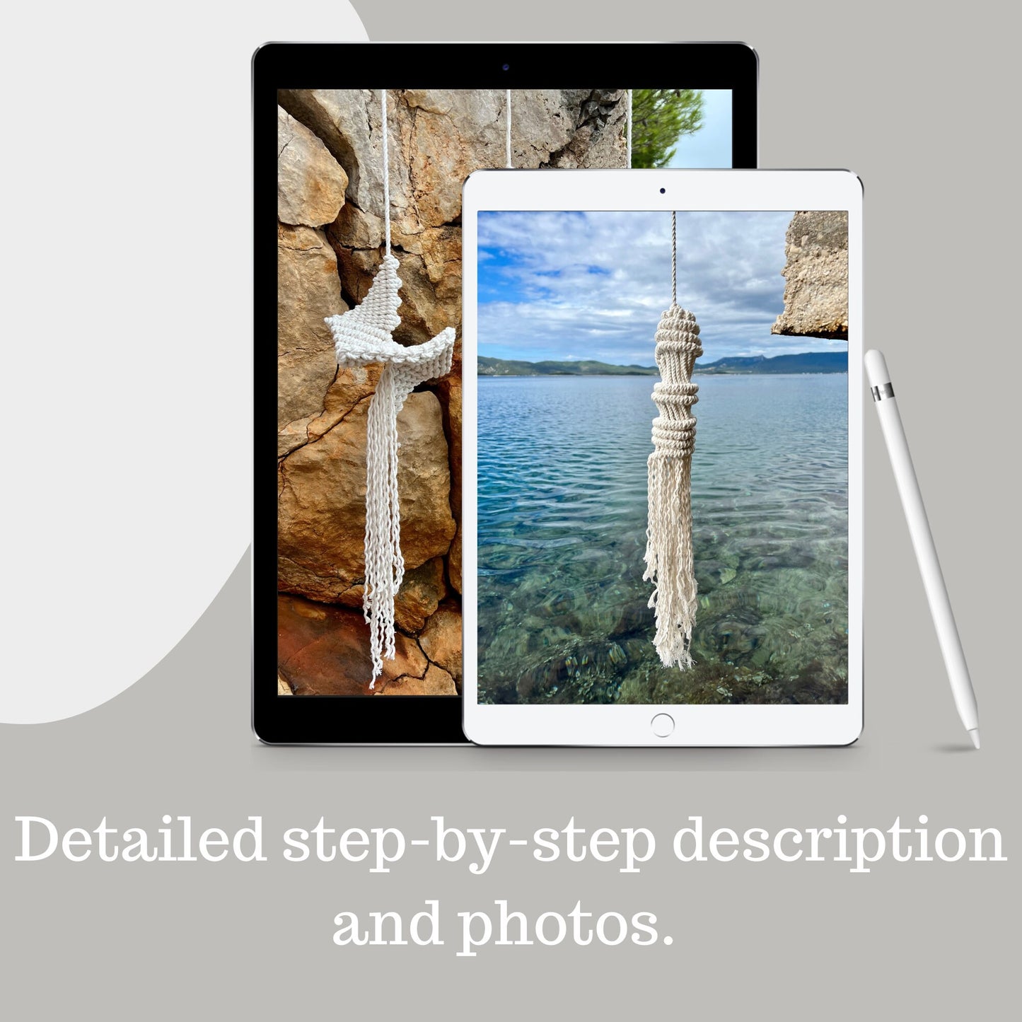 Two tablets displaying images of a hanging macrame jellyfish with natural scenery.