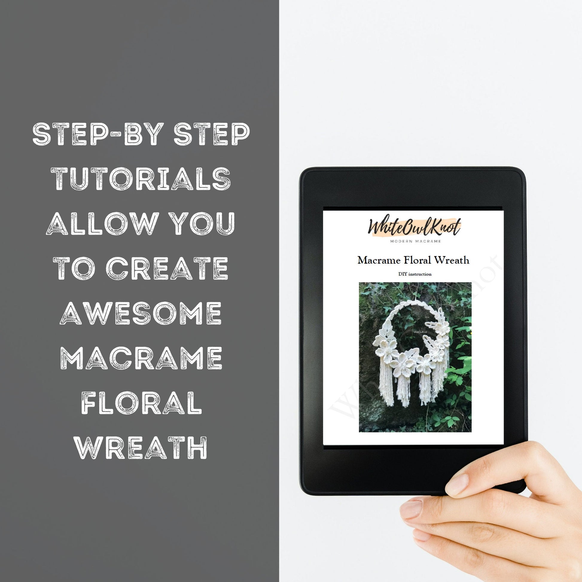 E-reader displaying a Macrame Floral Wreath tutorial with text on step-by-step tutorials.