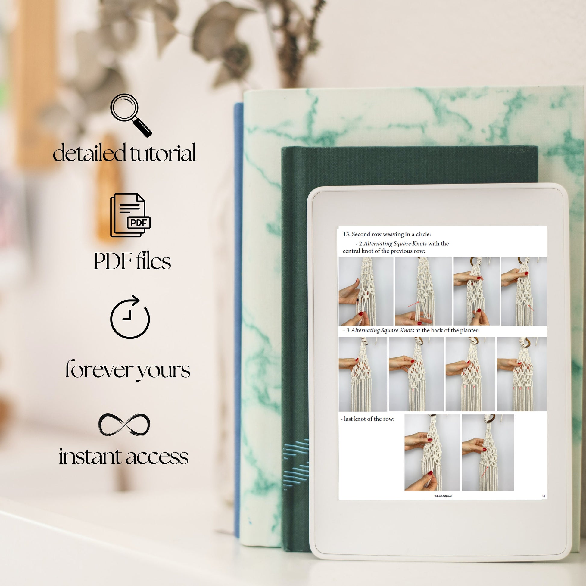 E-book with tutorial images on a digital device, with text about detailed tutorials and PDF files.